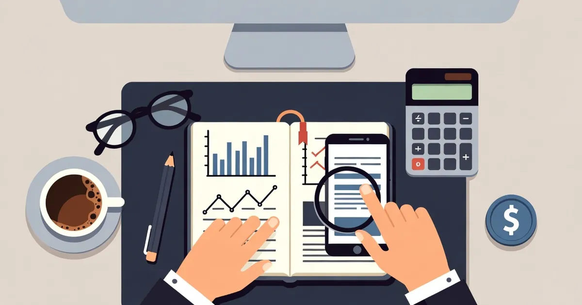 Escritorio de análisis de productos financieros digitales: ilustración editorial